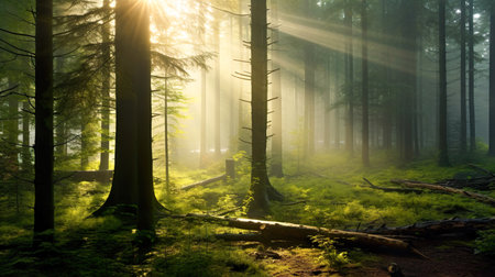 A view of the early morning sun shining through the trees in the forestの素材
