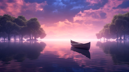 Mysterious calm lake and rowing boatの素材