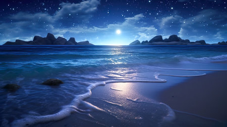 A star-filled sky and moonlit seascapeの素材