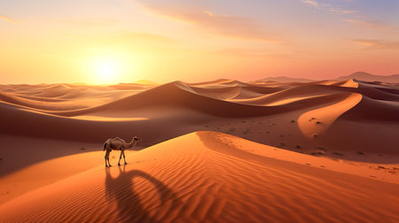 Landscape with desert and camels at duskの素材