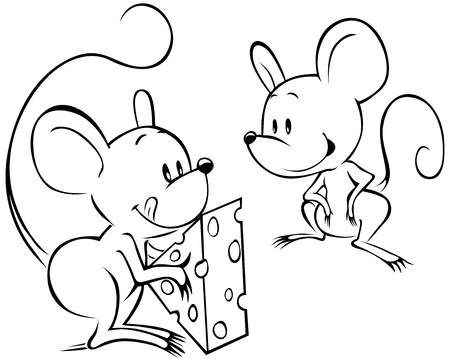 two mouses with cheese black outline sketchのイラスト素材