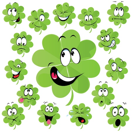 Four leaf clover cartoon with many facial expression - symbol of happiness Four leaf clover cartoon with many facial expression - symbol of happiness