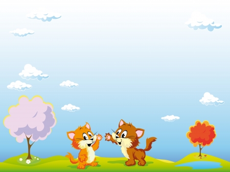 playing cats on green grassのイラスト素材