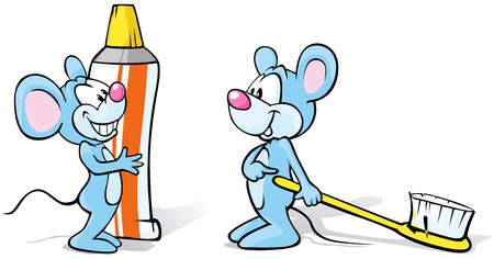 two mice with toothpaste and toothbrush illustration on white backgroundのイラスト素材