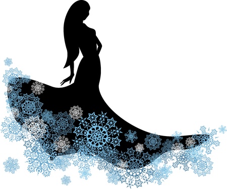 woman silhouette dressed in snowflakes on white backgroundのイラスト素材