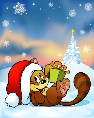 cute cat playing with gift on snowy background with fallin snowflakesのイラスト素材