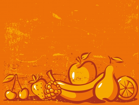 orange vintage background with fruit - pear, lemon, apple, cherry, banana, orange and strawberryのイラスト素材
