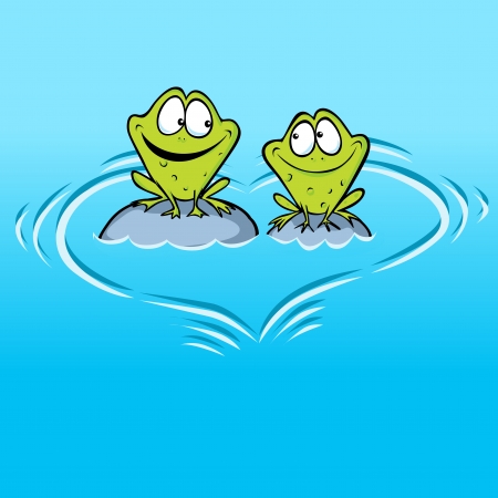 Frogs In Love sitting on a stone in water with heart shape wavesのイラスト素材