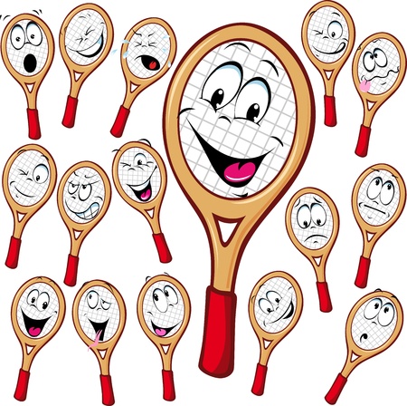Tennis racket cartoon with many facial expressionsisolated on white backgroundのイラスト素材