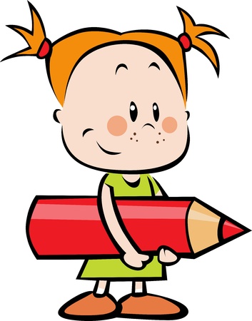 illustration of child with pencil - little girl hold red crayon isolated on white backgroundのイラスト素材