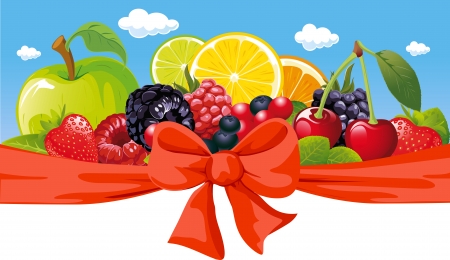 vector horizontal design with fruit, bow and blue skyのイラスト素材