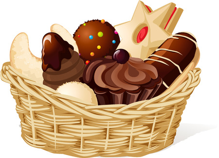 Christmas still life with basket full of cookies isolated on white background - vector illustrationのイラスト素材