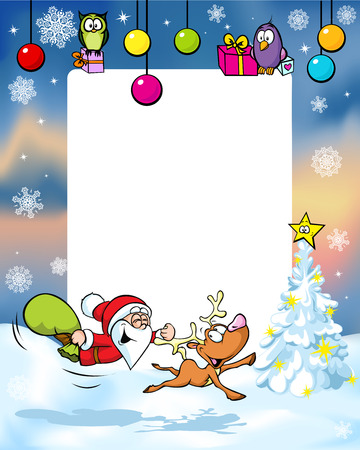 christmas frame with funny santa claus reindeer, xmas ball and giftのイラスト素材
