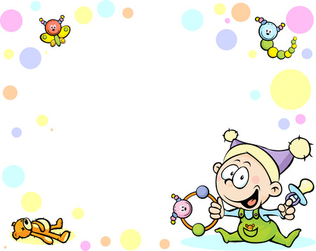 cool baby background with funny baby, toys and abstract dotsのイラスト素材