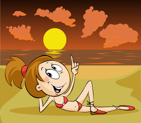 girl laying on sunset beach illustrationのイラスト素材
