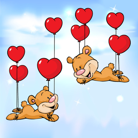 bear flying with balloons in the shape of heartのイラスト素材