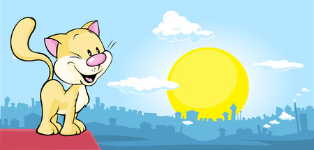 cat is on the roof and watching the city at sunsetのイラスト素材