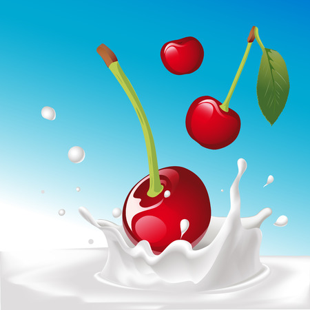 vector splash of milk with cherry - illustration with blue backgroundのイラスト素材