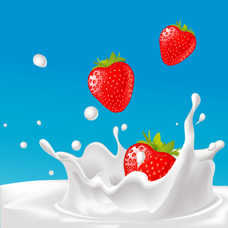 vector splash of milk with strawberry- illustration with blue backgroundのイラスト素材