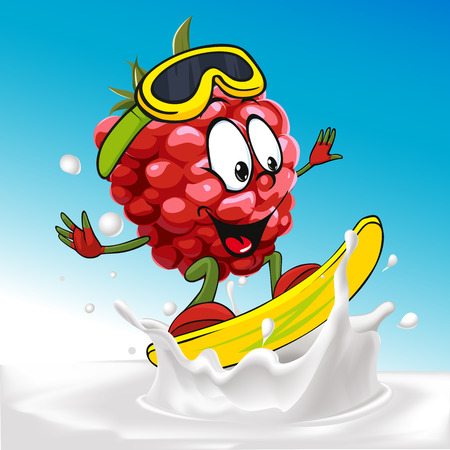funny raspberry cartoon surfing on milk splashing wave - vector illustrationのイラスト素材