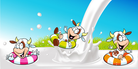 vector design with funny cow swimming in milk splashのイラスト素材