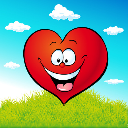 red heart cartoon on green grassのイラスト素材