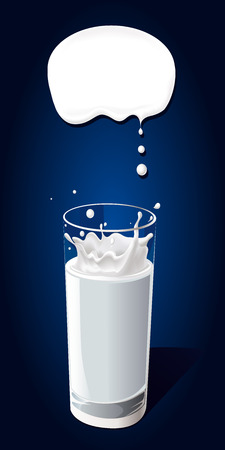 glass of milk with splash a nd speech bubble on dark backgroundのイラスト素材