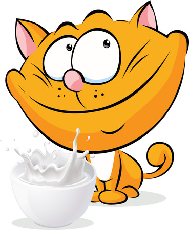 cute ginger cat sitting isolated with milk - vector cartoonのイラスト素材