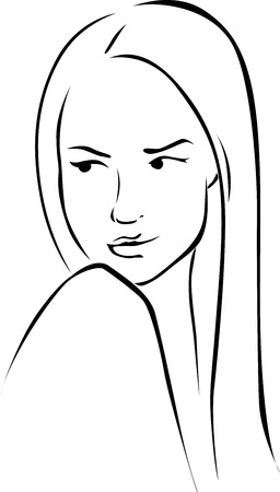 Beautiful young woman illustration look to the left - black lineのイラスト素材