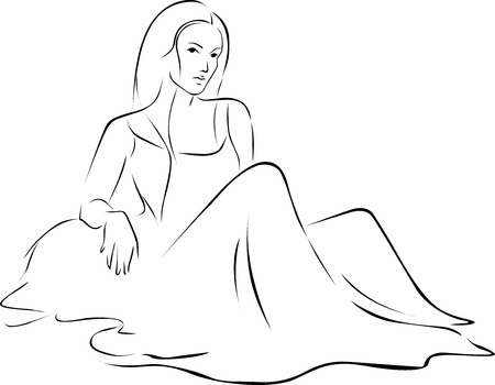 Beautiful Woman in dress sitting on the ground black outline illustrationのイラスト素材