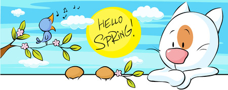 spring banner with singing bird and cat and flower blossom illustrationのイラスト素材