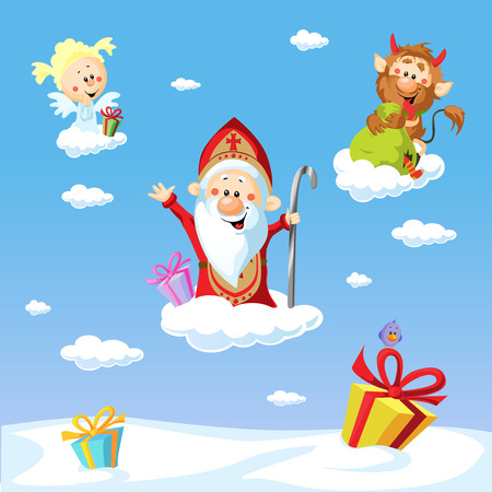 Saint Nicholas, devil and angel - illustration with blue sky .During the Christmas season they are warning and punishing bad children and give gifts to good children.のイラスト素材
