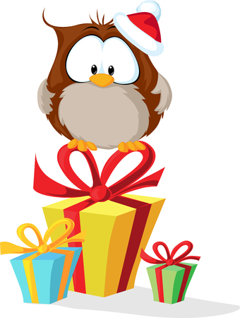 cute owl with santas hat sitting on christmas giftのイラスト素材