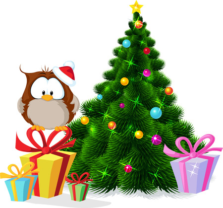 cute owl sitting by xmas treeのイラスト素材