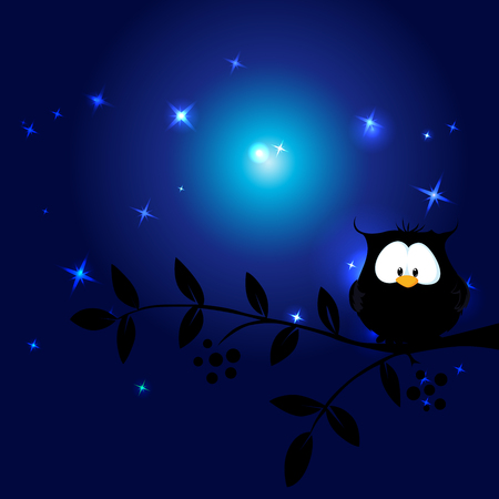 cute owl in the night sitting on branch - vector illustrationのイラスト素材