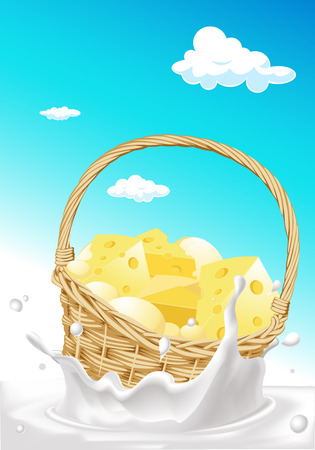 Basket full of cheese floating in milk splash - vector illustrationのイラスト素材