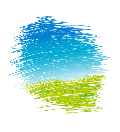 abstract drawing vector landscape with green grass and blue sky - vector illustrationのイラスト素材
