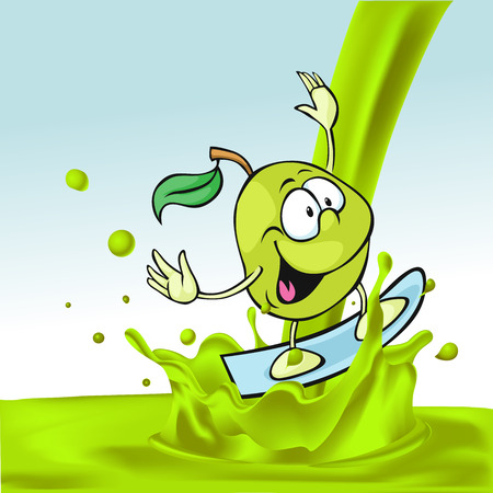 green apple cartoon surfing on juice splash - vector illustrationのイラスト素材