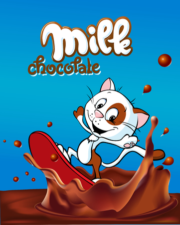 milk design with cute cat surfing on chocolate splash cartoon - vector illustrationのイラスト素材