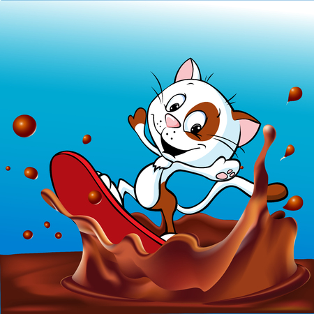 milk design with cute cat surfing on chocolate splash cartoon - vector illustrationのイラスト素材