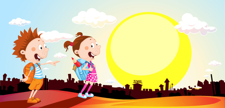 student in the morning go to school - vector illustration  town scapeのイラスト素材