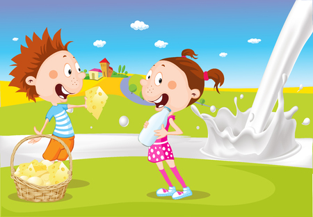 Boy and girl hold cheese and milk near the milky river on natural background - cartoon vector illustrationのイラスト素材