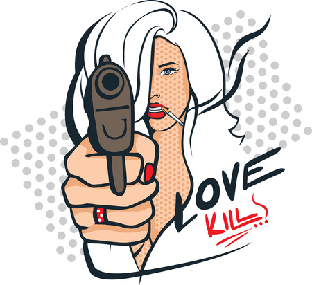 Sexy woman with gun and cigarettes - pop art design vector illustrationのイラスト素材