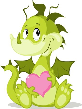 Cute Dragon Character Hold pink Heart - Vector illustrationのイラスト素材