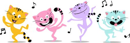 Dancing Cat and Music - Funny Vector Flat Design Illustration Isolated on Whiteのイラスト素材
