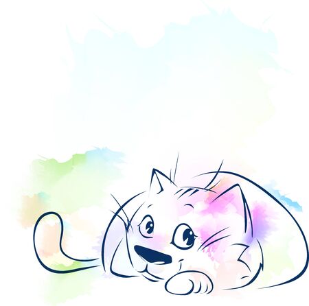Cute Cat Sketch on Abstract Watercolor Background - Vector Illustrationのイラスト素材