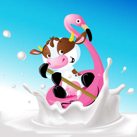 Funny Cow on Flamingo Boat - Vector Illustrationのイラスト素材