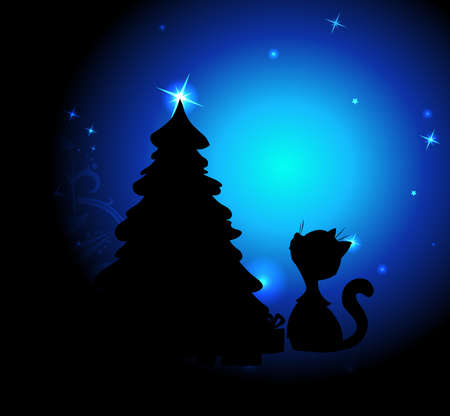 Romantic Christmas Night with Cute Cat and Christmas Tree - Blue Backgroundのイラスト素材