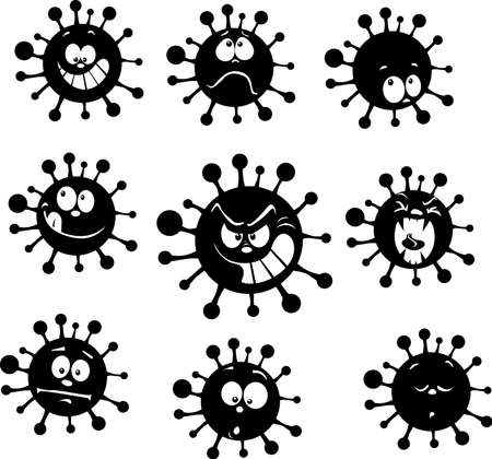 Virus Cartoon Black and White Icon Symbol Funny Vector Illustration Flat Design Stickerのイラスト素材