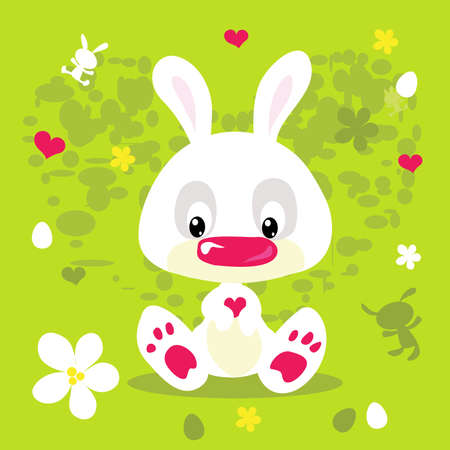 Happy Easter Spring Flat Design with Cute White Bunny - Vector illustrationのイラスト素材